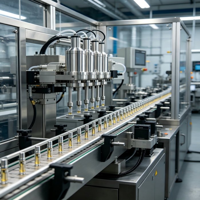 Alt Text: A close-up view of a precision automated liquid filling system at ValoMation, showing multiple stainless steel nozzles accurately dispensing yellow liquid into small glass vials on a conveyor line in a cleanroom manufacturing environment.