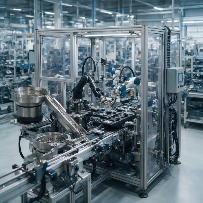Automated robotic assembly cell integrated inside a safety enclosure, featuring dual robotic arms, stainless steel vibratory bowl feeders, and conveyor material handling at ValoMation.