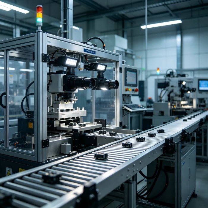 High-precision automated machine vision inspection station with dual optical cameras and LED lighting checking components on a roller conveyor at ValoMation.
