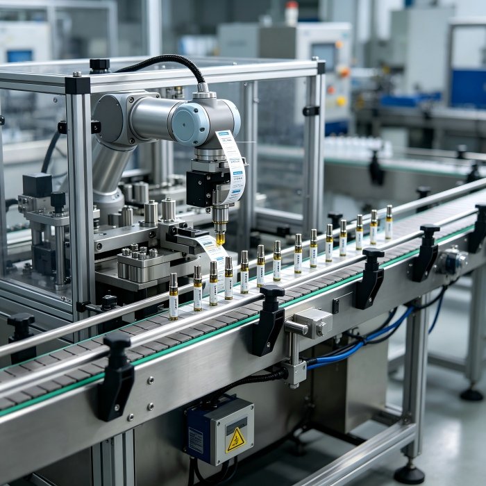 ValoMation automated robotic arm labeling machine applying custom adhesive labels to glass vials and cartridges on an industrial conveyor assembly line.