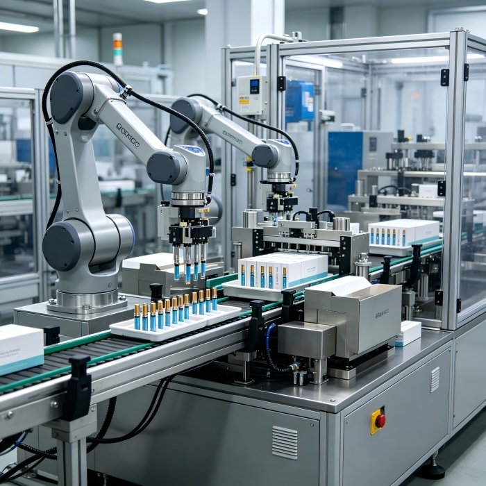 ValoMation dual robotic arm automated packaging system picking vape cartridges and inserting them into product boxes along an industrial conveyor assembly line.