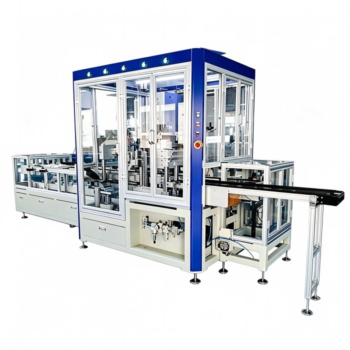 ValoMation industrial automated assembly machine featuring a protective glass enclosure station, pneumatic controls, and integrated conveyor track.
