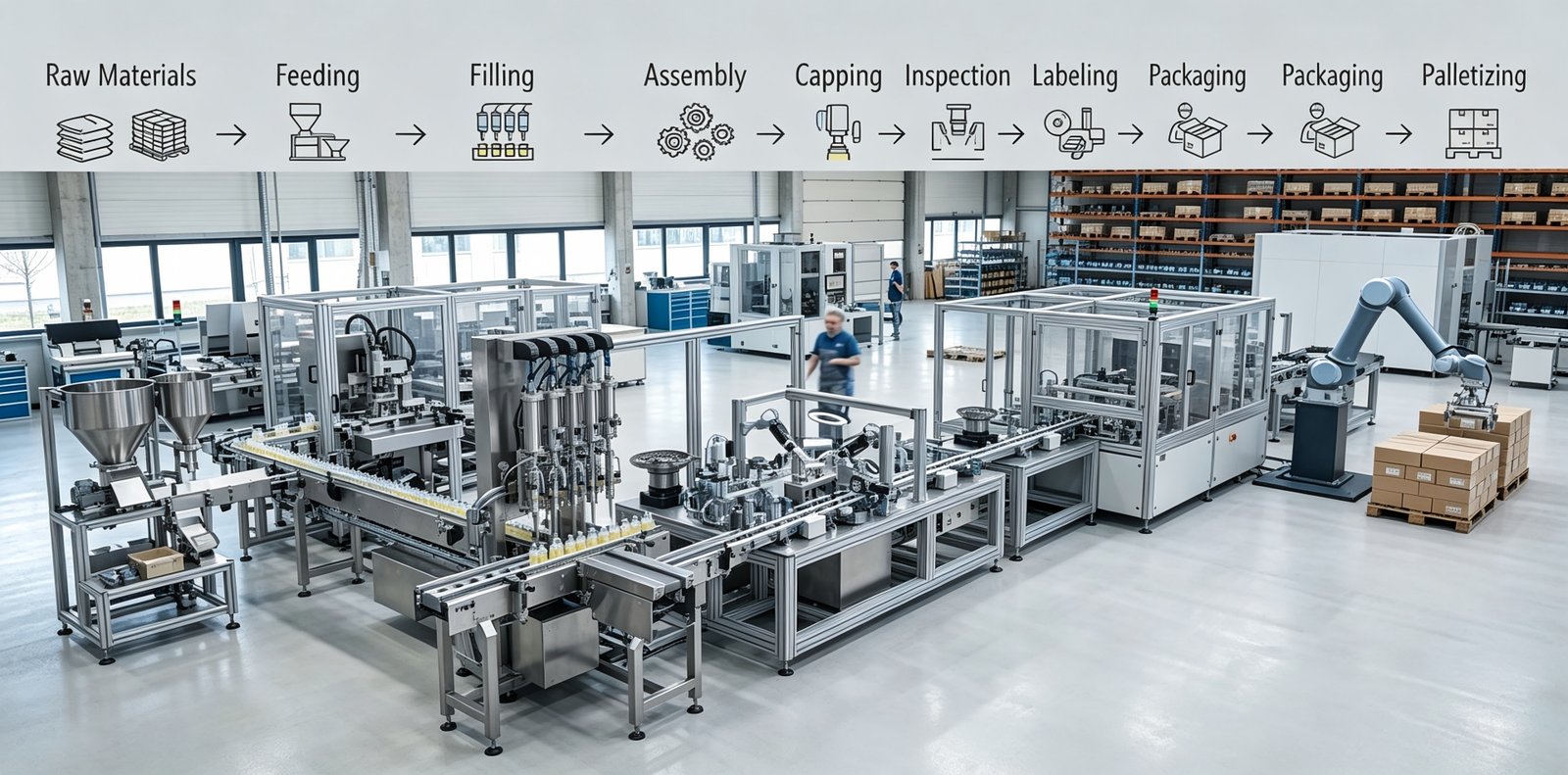 Technical schematic illustration detailing the complete automated production process from feeding and liquid dispensing to robotic pallet packaging at ValoMation.com.