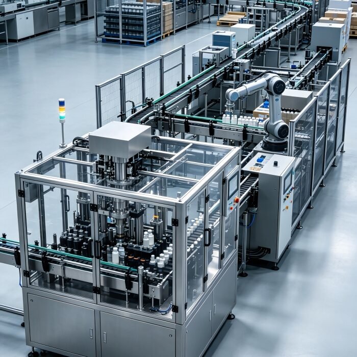 Vertical perspective of a turnkey automated production line featuring stainless steel feeding hoppers, precision liquid filling stations, vision inspection enclosures, and robotic palletizing systems at ValoMation.