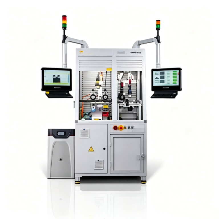 ValoMation automated visual inspection machine equipped with dual industrial touchscreens and automated testing modules for high-precision manufacturing quality control.